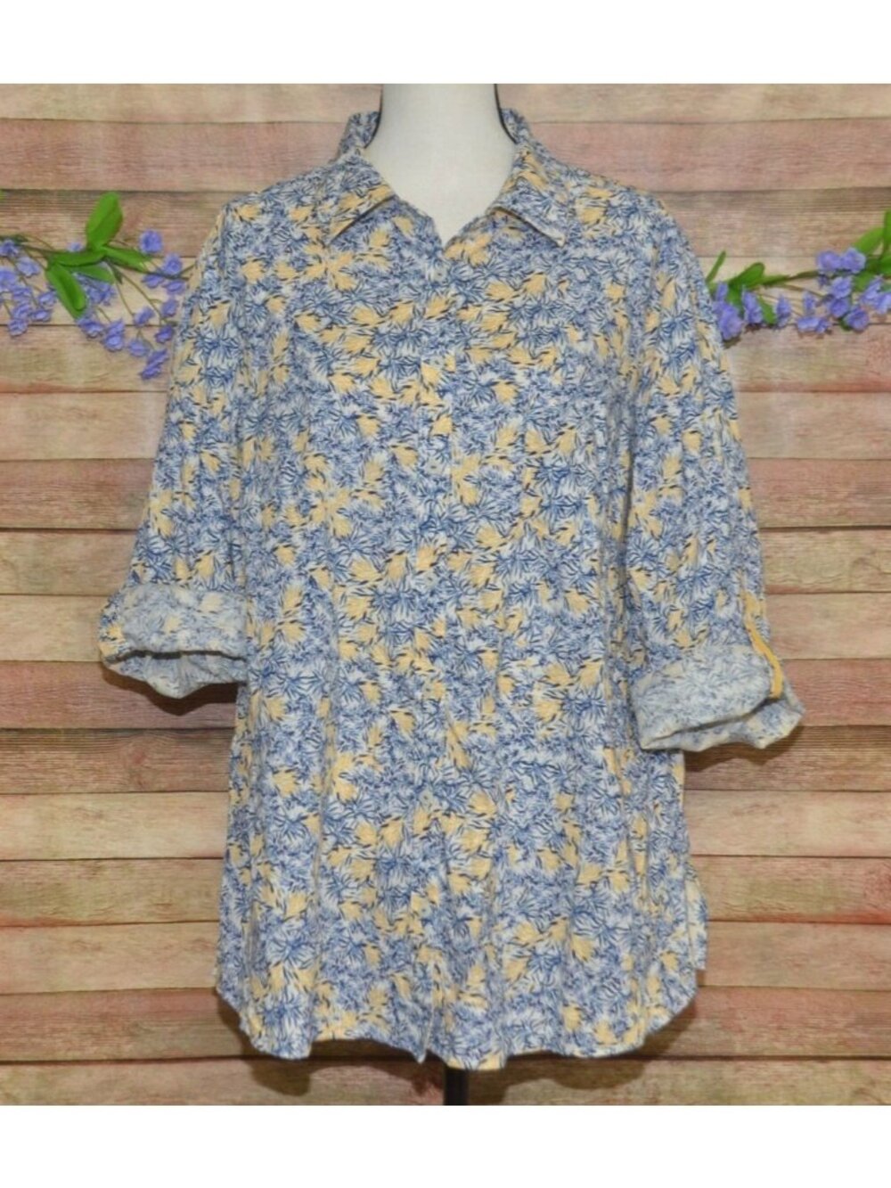 Foxcroft Non-Iron Plus 22W Cotton Button Front Top Blouse Navy Yellow Leaf Print